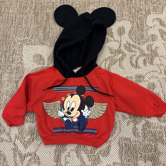 Vintage 80’s 90’s Disney Babies Mickey Red Hoodie Mickey Ears Size 6-12 Months - Picture 2 of 16